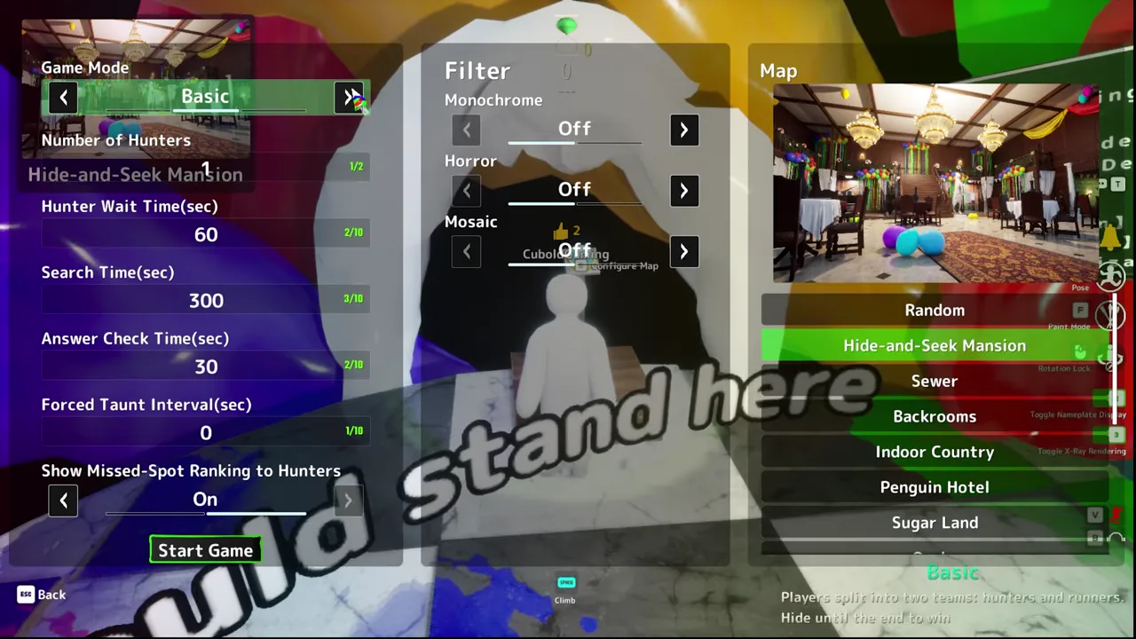MECCHA CHAMELEON gameplay guide showing mode and map settings for a first match